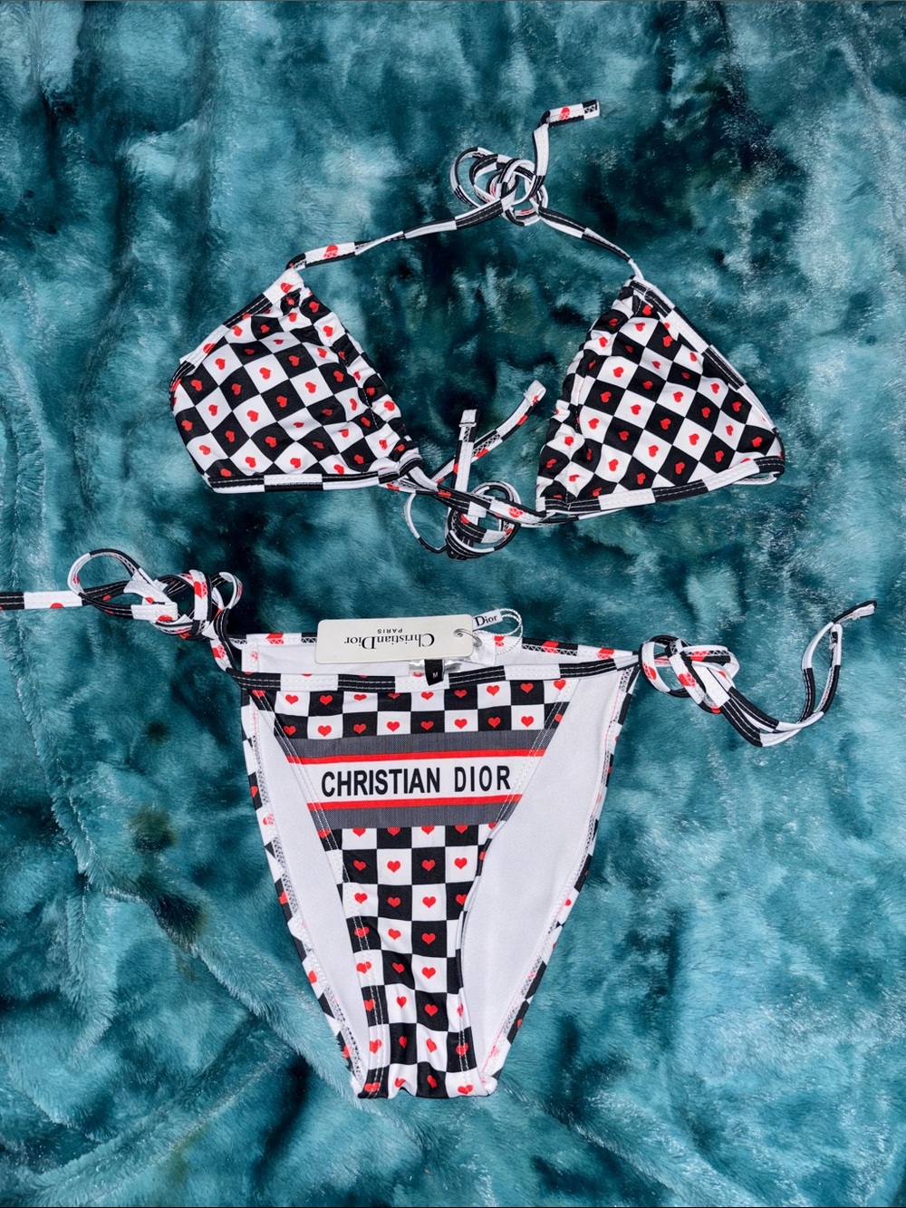 Dior women Black & White Check Heart String Bikini